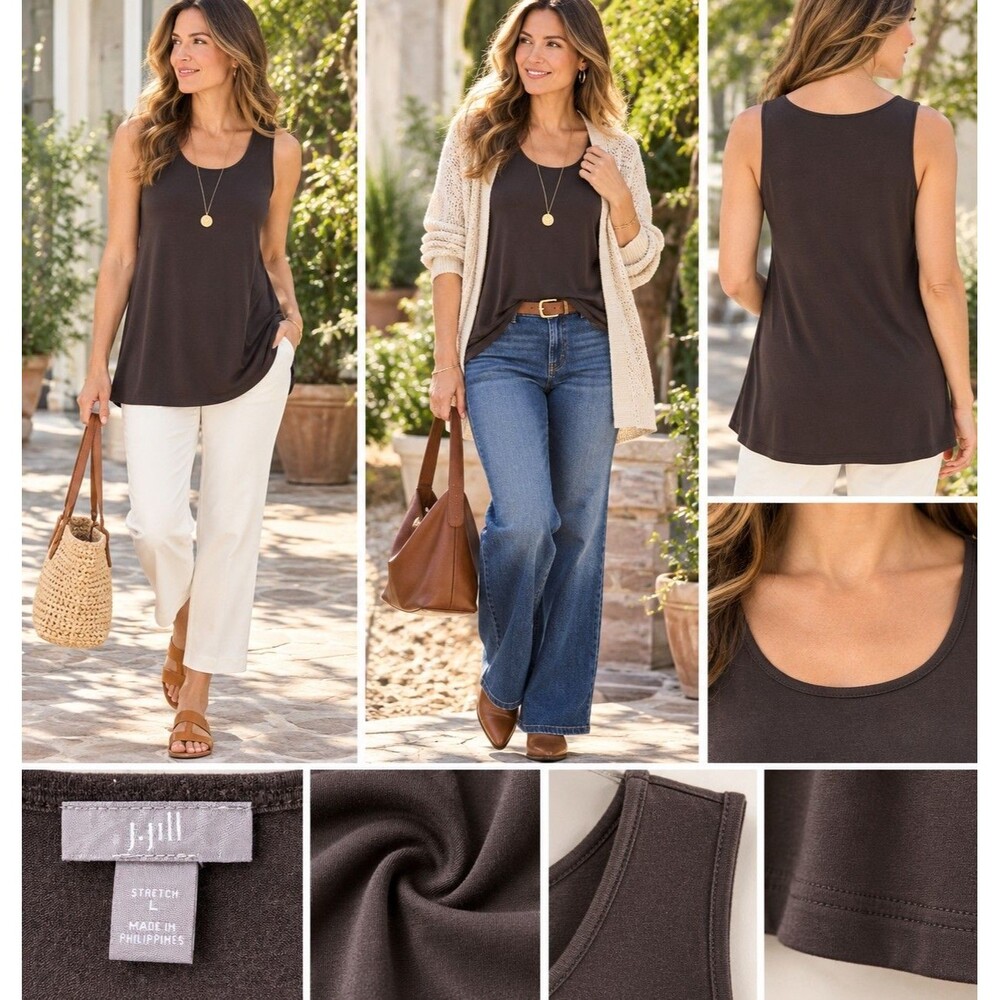 J.Jill Womens L Stretch Rayon Tank Top Brown Scoop Neck Long Tunic Soft Basic
